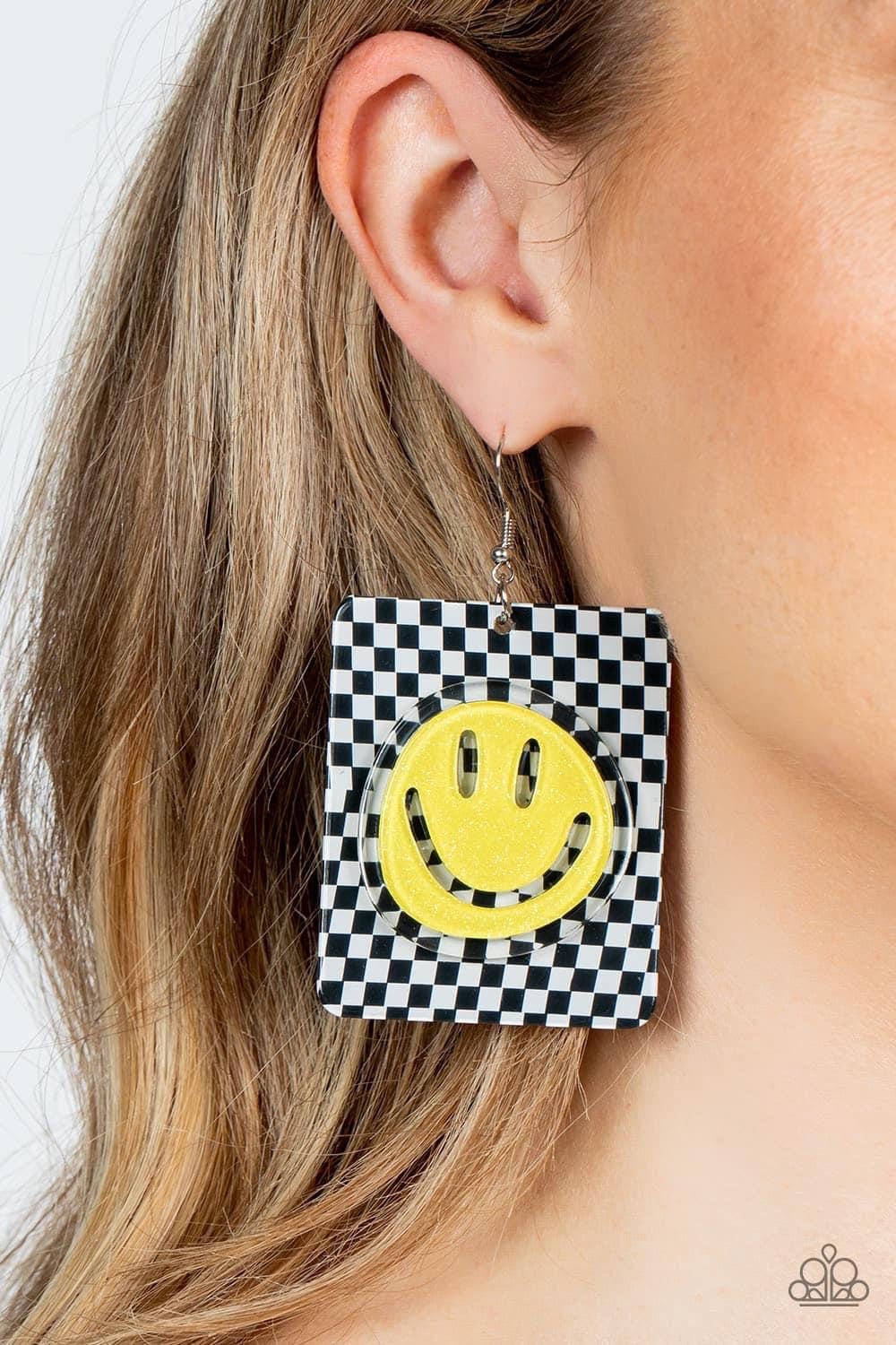 Paparazzi- Cheeky Checkerboard - Yellow Earrings