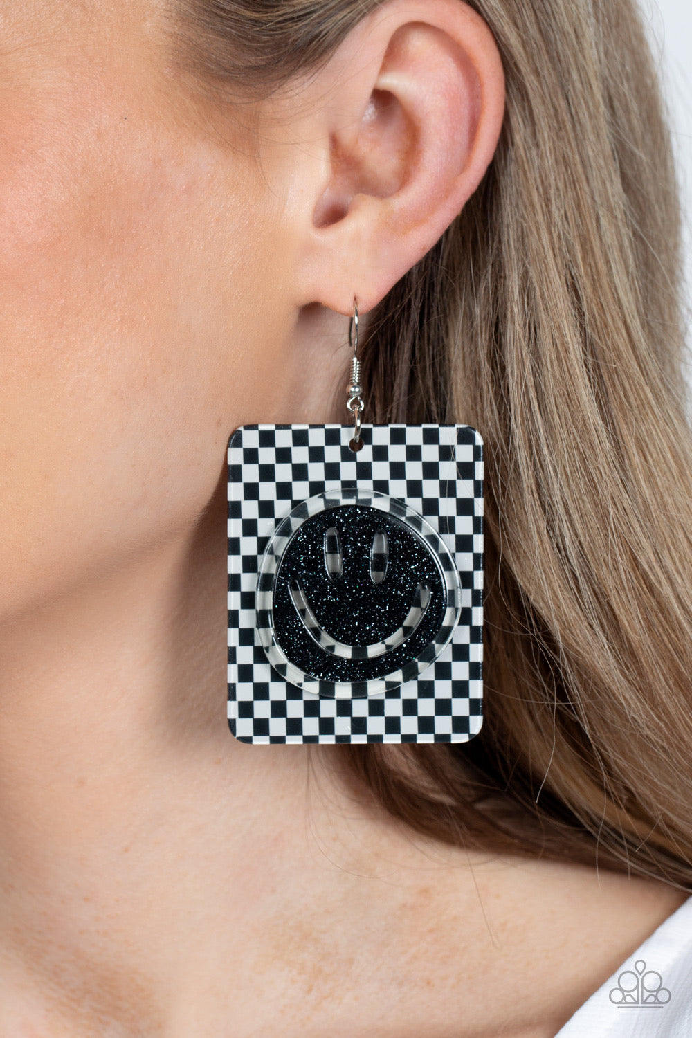 Paparazzi - Cheeky Checkerboard - Black Earrings