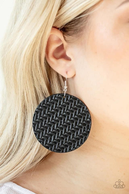 Paparazzi - Plaited Plains Black Leather Earrings